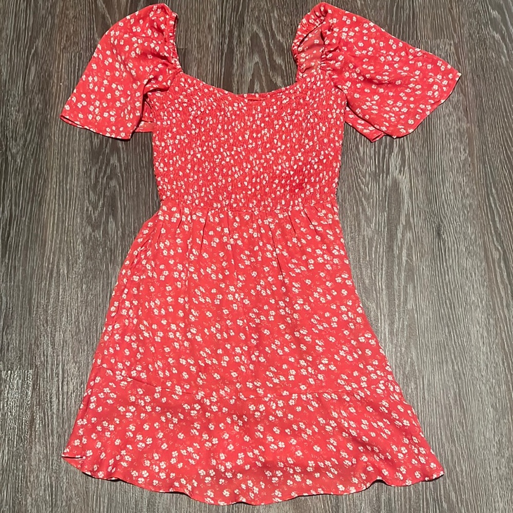 Abercrombie & Fitch Red Floral Puff Sleeve Smocked Mini Dress
